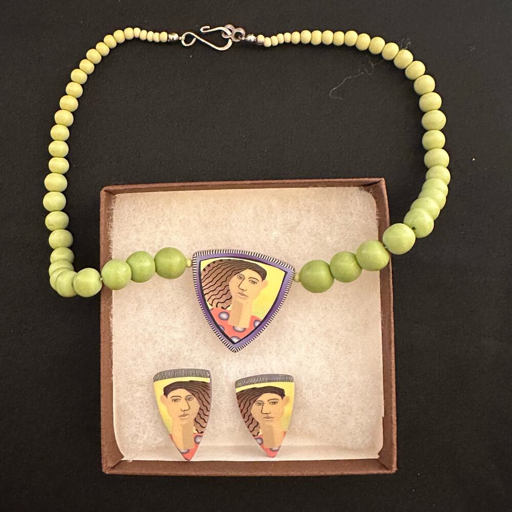 Vintage Polymer Clay Artisan Face Necklace & Earring Set